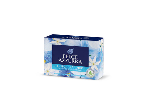 Image d'une boite de savon solide au musc blanc Felce azzurra.