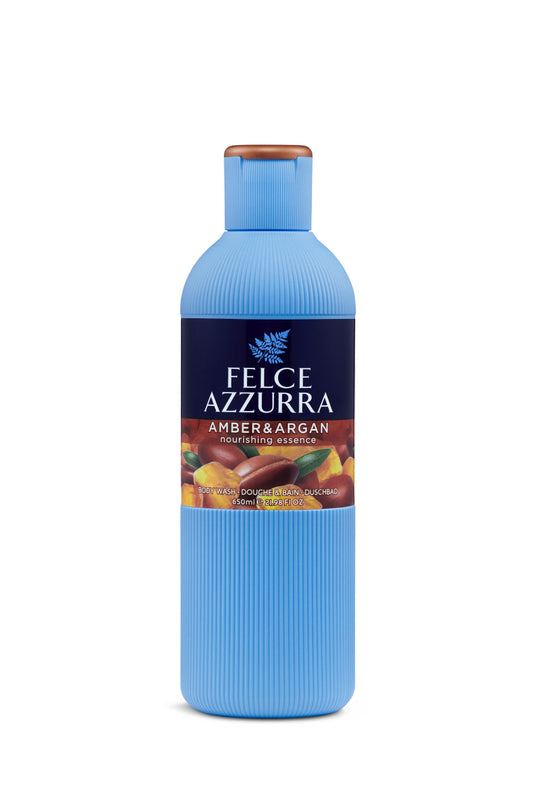 Image d'une bouteille de Gel douche a l'ambre et argan Felce azzurra.