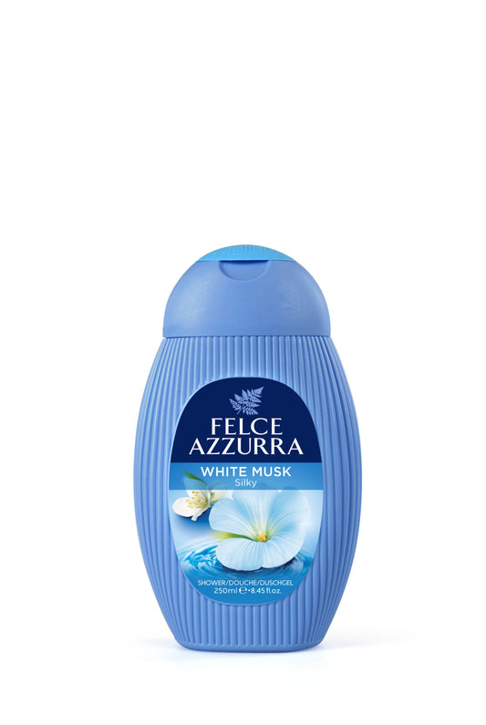 Image d'une bouteille de Gel douche et shampoing au musc blanc Felce azzurra.