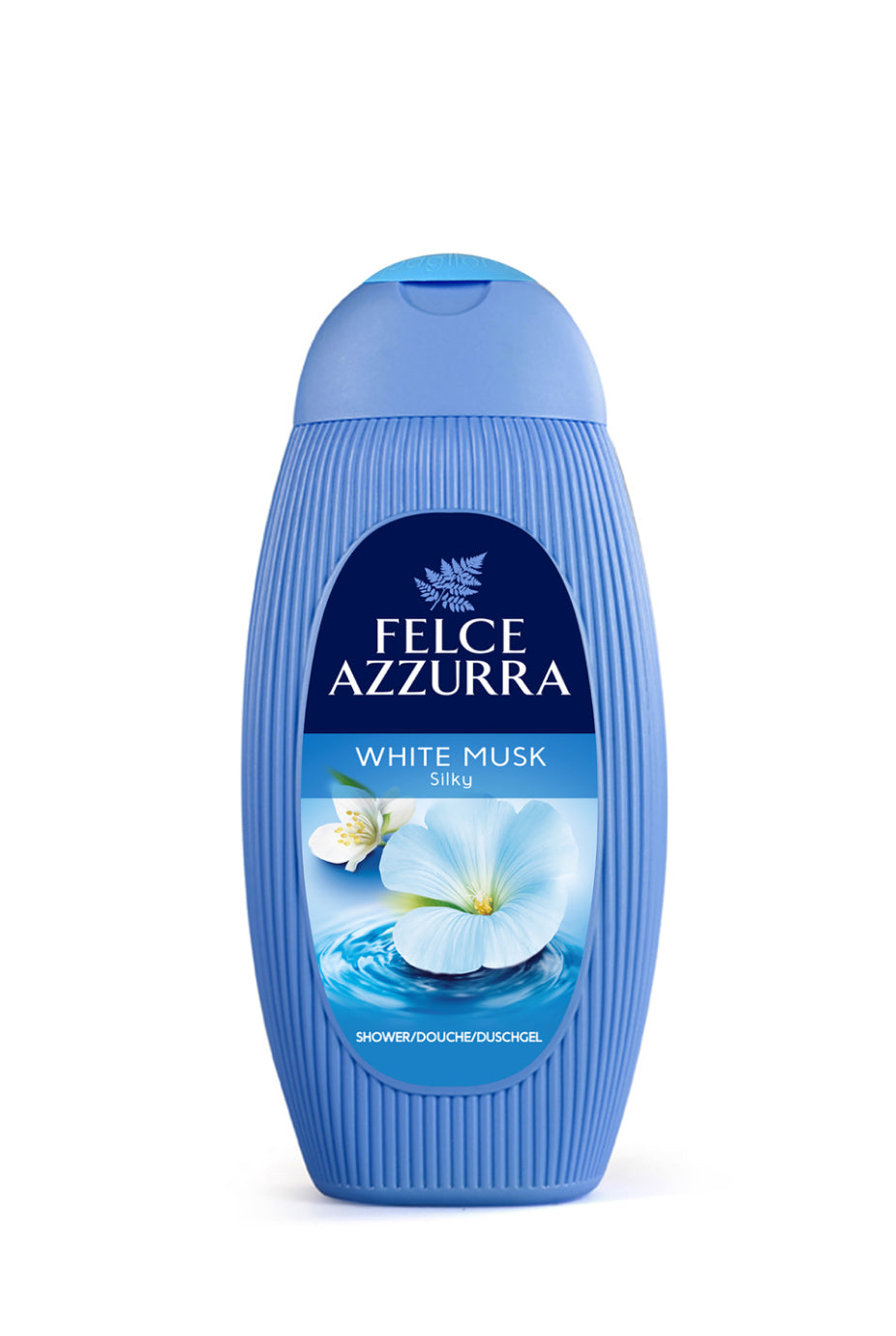 Image d'une bouteille de Gel douche et shampoing au musc blanc Felce azzurra.