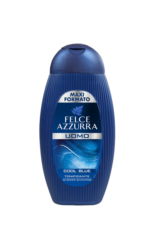 Image d'une bouteille de Gel douche et shampoing cool bleu pour home Felce azzurra.