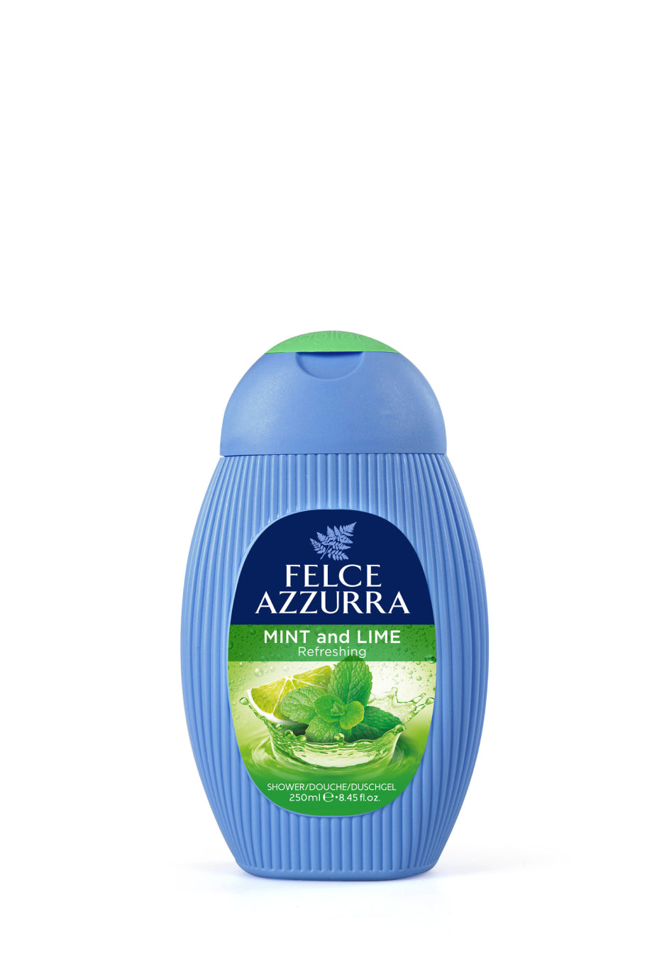 Image d'une bouteille de shampoing à la menthe et citron Felce azzurra.