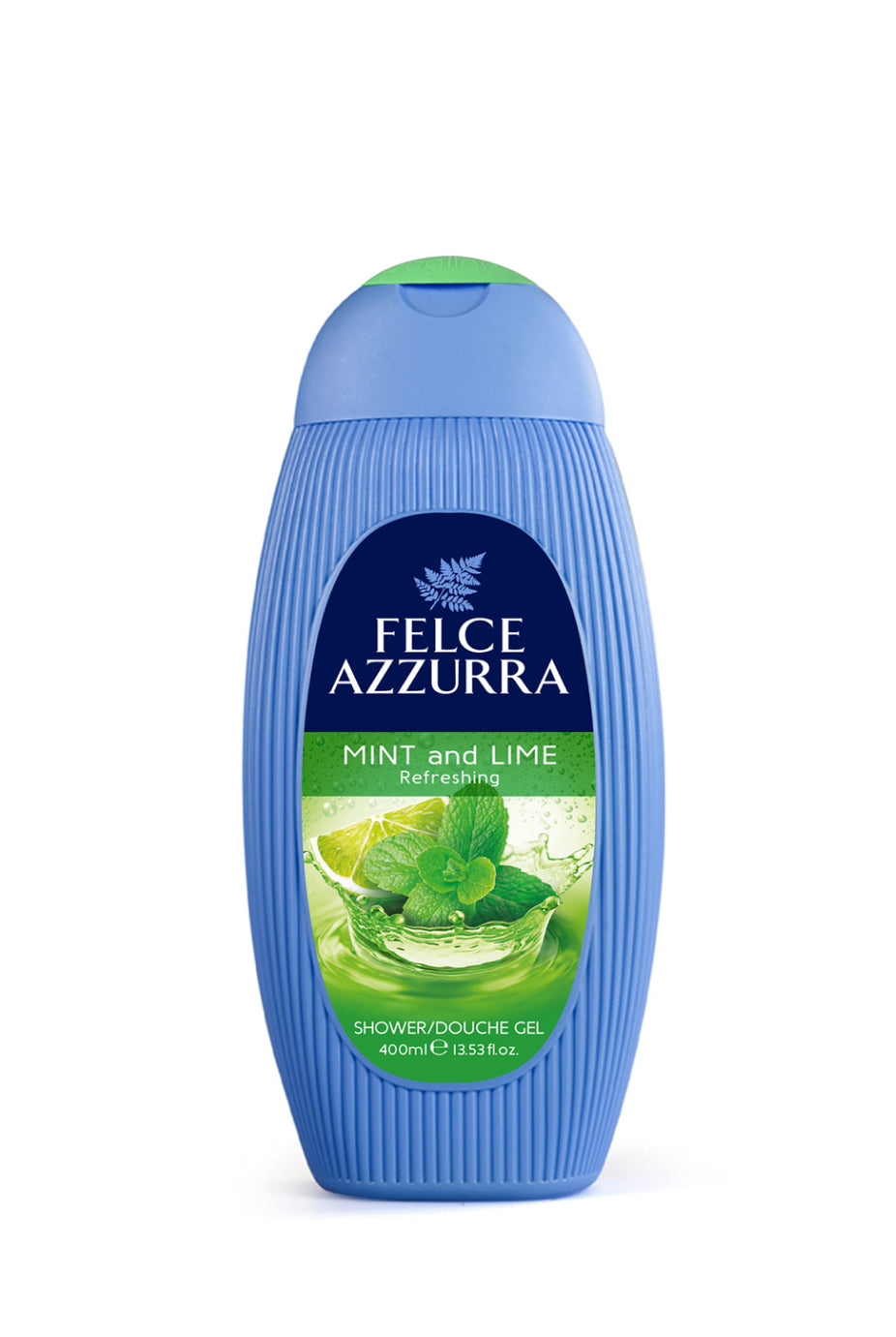 Image d'une bouteille de shampoing à la menthe et citron Felce azzurra.